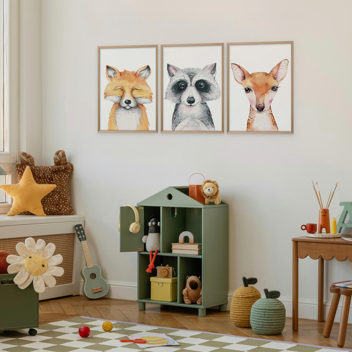 POSTER SET ohne Rahmen für Kinderzimmer WALDTIERE Fuchs Waschbär Reh A4 21x30cm - Beige/Orange, Papier (21/30/1cm) - Muralo