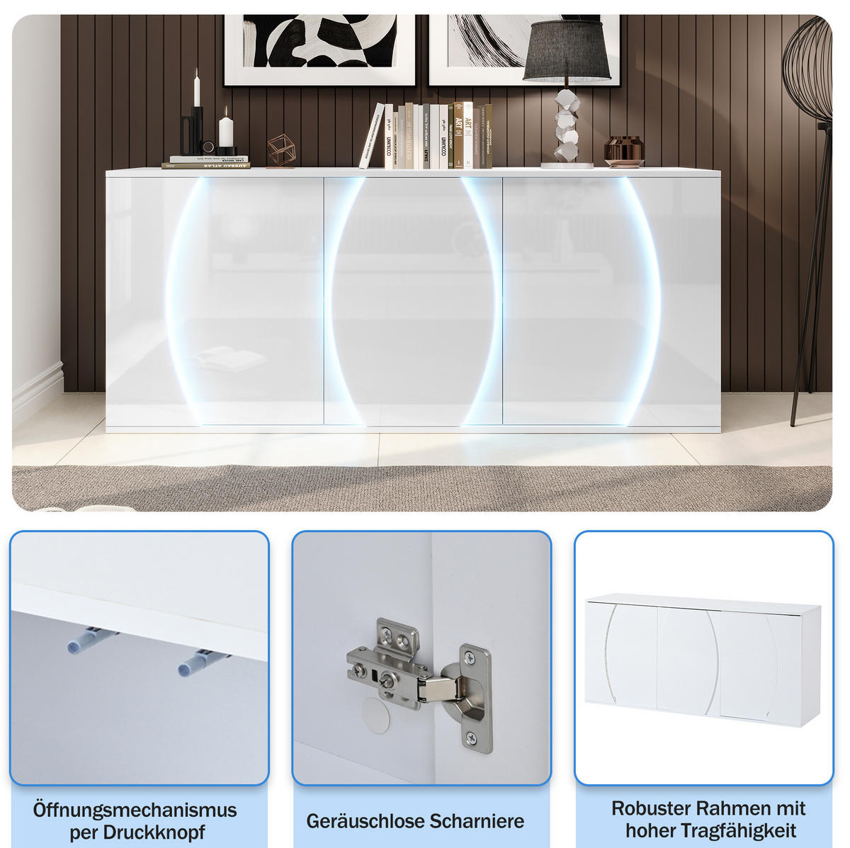 TV stolek 150/40/70 cm s LED osvětlením, třemi dvířky a úložným prostorem z dřevotřísky, Bílá - bílá, kompozitní dřevo (150/70/40cm) - Redom