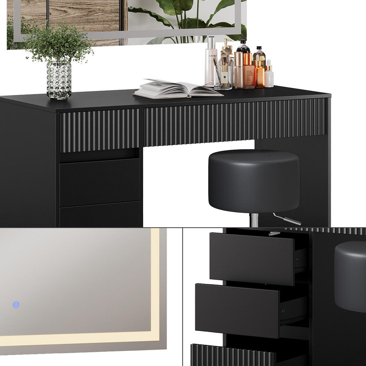 SCHMINKTISCH Omira Schwarz 120 cm mit LED-Spiegel und Hocker - Schwarz, Holzwerkstoff (120/76/55cm) - Vicco