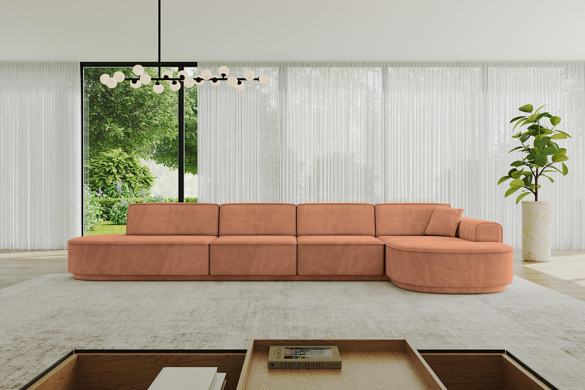 ECKSOFA Ottomane Rechts MARI-L3-v3 - 413x171x83 cm Orange Velours - Schwarz/Orange, Holzwerkstoff/Kunststoff (171/413cm) - ALTDECOR