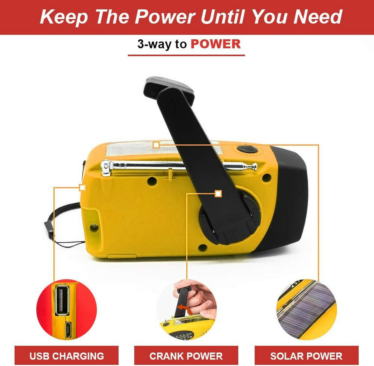 RADIO – NOAA AM/FM – Handkurbel-Generator / LED-Taschenlampe / 2000-mAh-Powerbank – Gelb - Gelb, Kunststoff (12.8/4/6.5cm) - DCA
