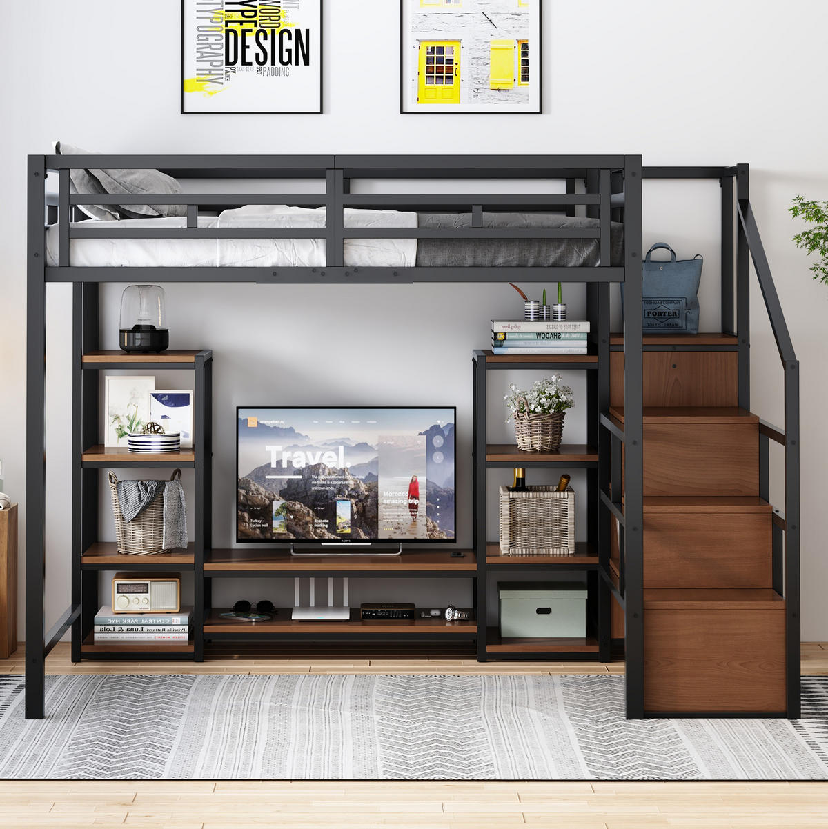 HOCHBETT Metall/MDF 140x200 cm Schwarz mit TV-Ständer, Steckdose und Aufbewahrungsleiter - Schwarz, Metall (140/200cm) - Modfu