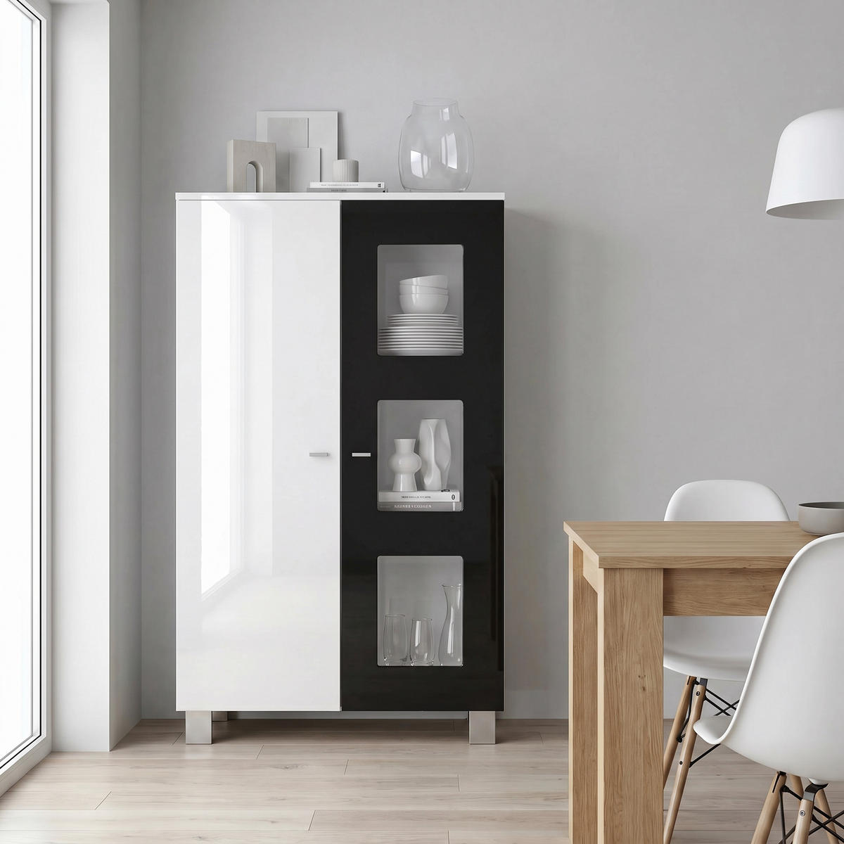 VITRINA Denjo Bijela mat / Bijela visoki sjaj / Crna visoki sjaj (71 x 129 x 35 cm) - crna visoki sjaj, drvni materijal (71/129/35cm) - Vladon