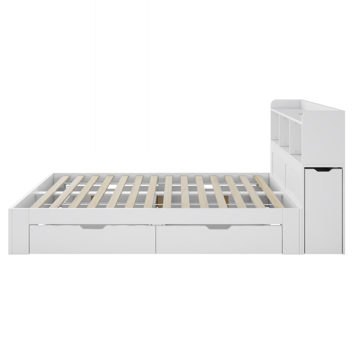 DOPPELBETT aus MDF 140x200 cm Weiß mit 4 Schubladen, ausziehbarem Nachttisch, Ablagefächern und Ladefunktion - Weiß, Holzwerkstoff (90/200cm) - Modfu