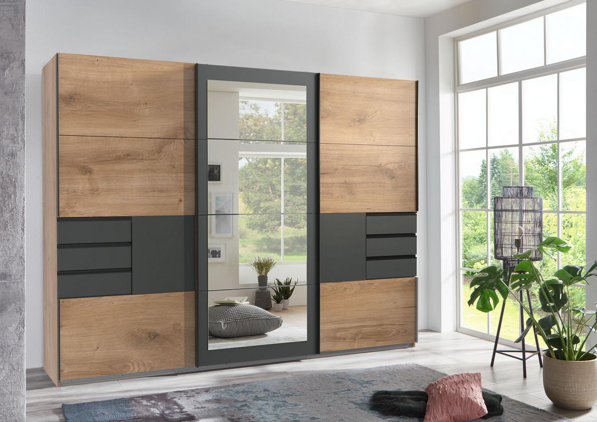 SCHWEBETÜRENSCHRANK 3-türig mit Spiegel, Schubladen, Vollausstattung in Eichendekor mit Absetzungen in Grafit, B270/H208/64 cm / 22503 - Eichefarben/Schwarz, Holzwerkstoff/Metall (270/208/64cm) - luma-home