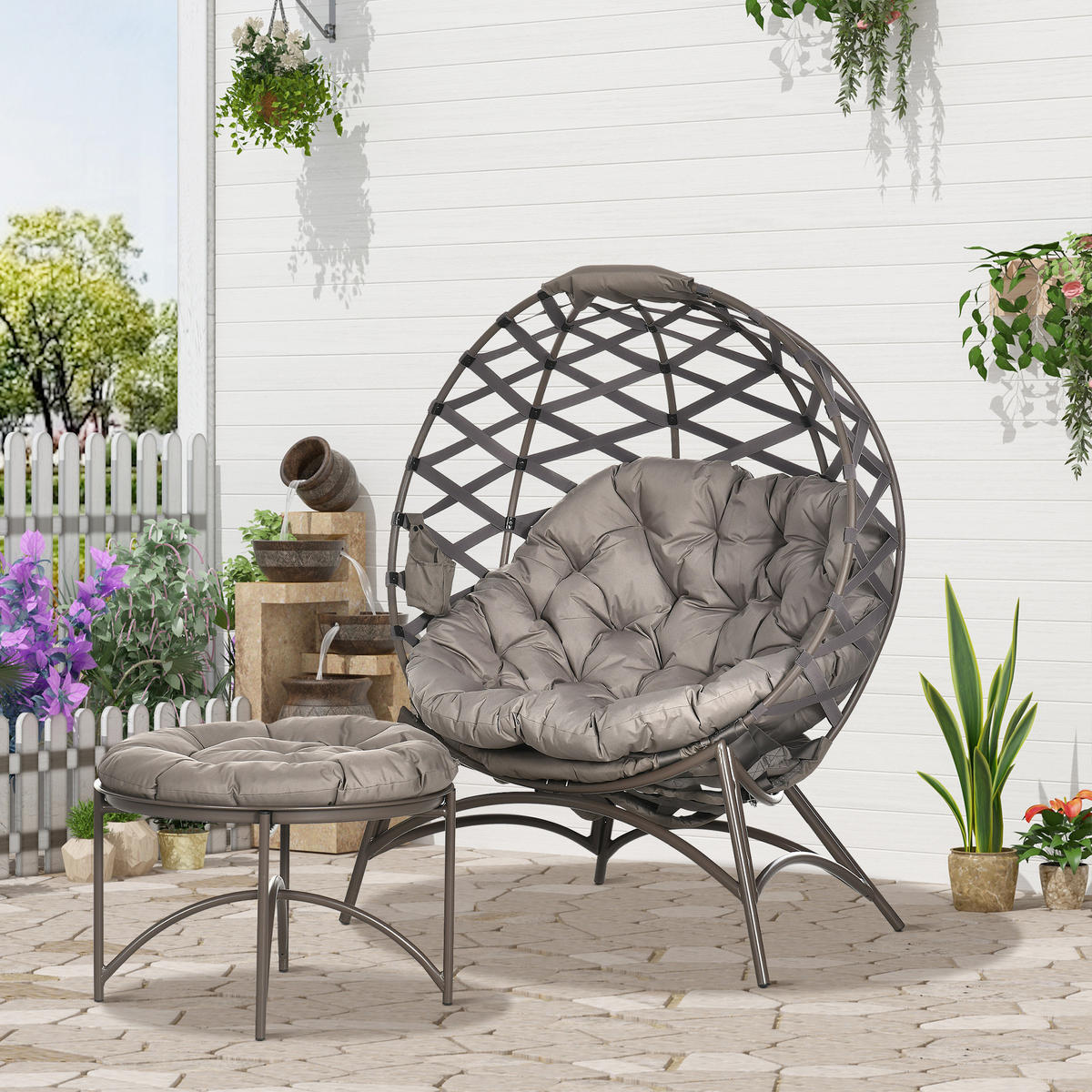 2TLG. Gartenstuhl-Set Korbstuhl mit faltbarem Sitzkorb, 2-in-1-Hocker Stahl - Sandfarben, Metall - Outsunny