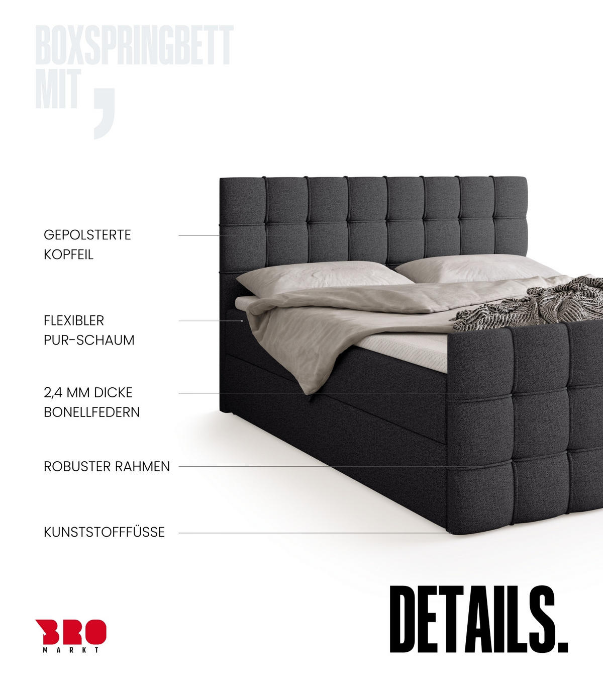 BOXBETT Detroit Duo mit Topper 180/200 Dunkelgrau - Dunkelgrau, Textil (180/200cm) - Bromarkt