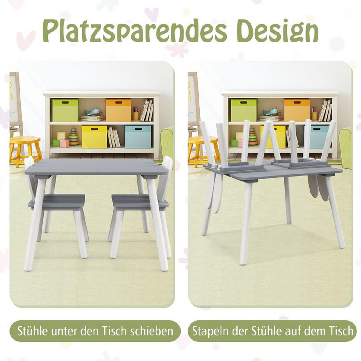 KINDERTISCH mit 2 Stühlen grau(3-tlg) - Grau, Holzwerkstoff (62/43/62cm) - COSTWAY