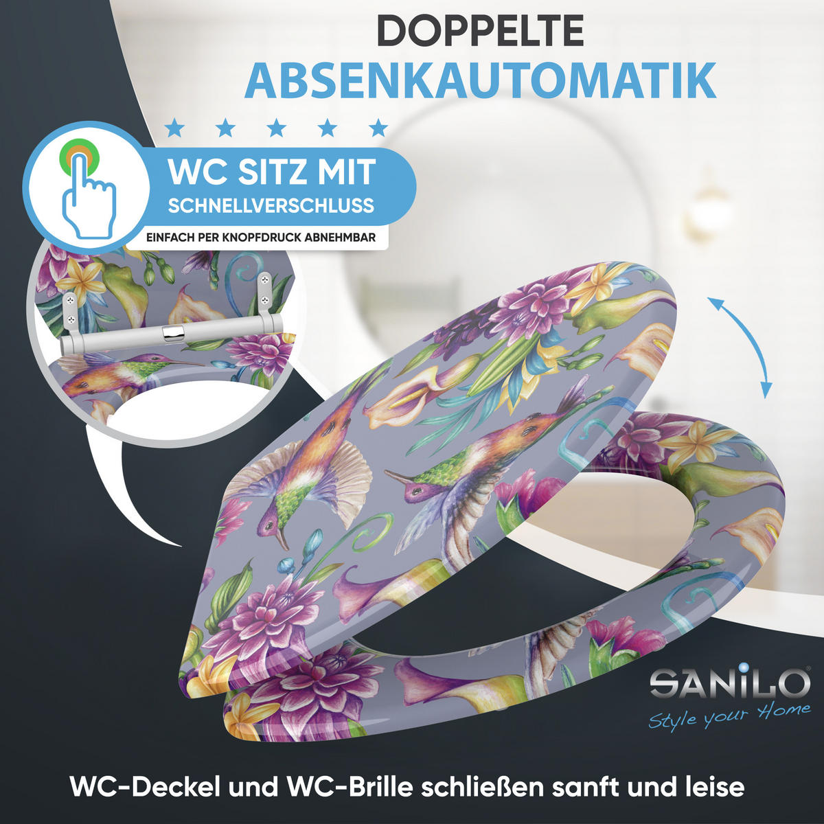 WC-SITZ mit Absenkautomatik & Top Fix Kolibri - Violett, Holzwerkstoff (37.7/5.5/48cm) - Sanilo