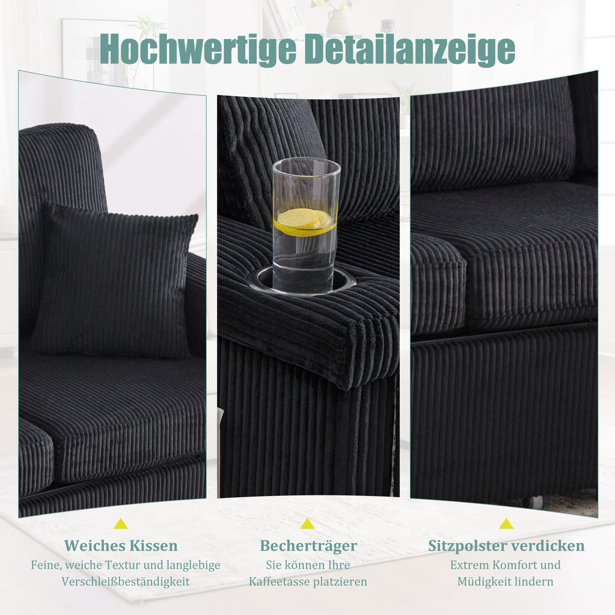 ECKSOFA 194/73/81 cm Schwarz mit LED-Beleuchtung, Stauraum-Fußteil, 2 Schubladen, Getränkehaltern und Seitentaschen - Schwarz, Textil (194/73cm) - Oxeza