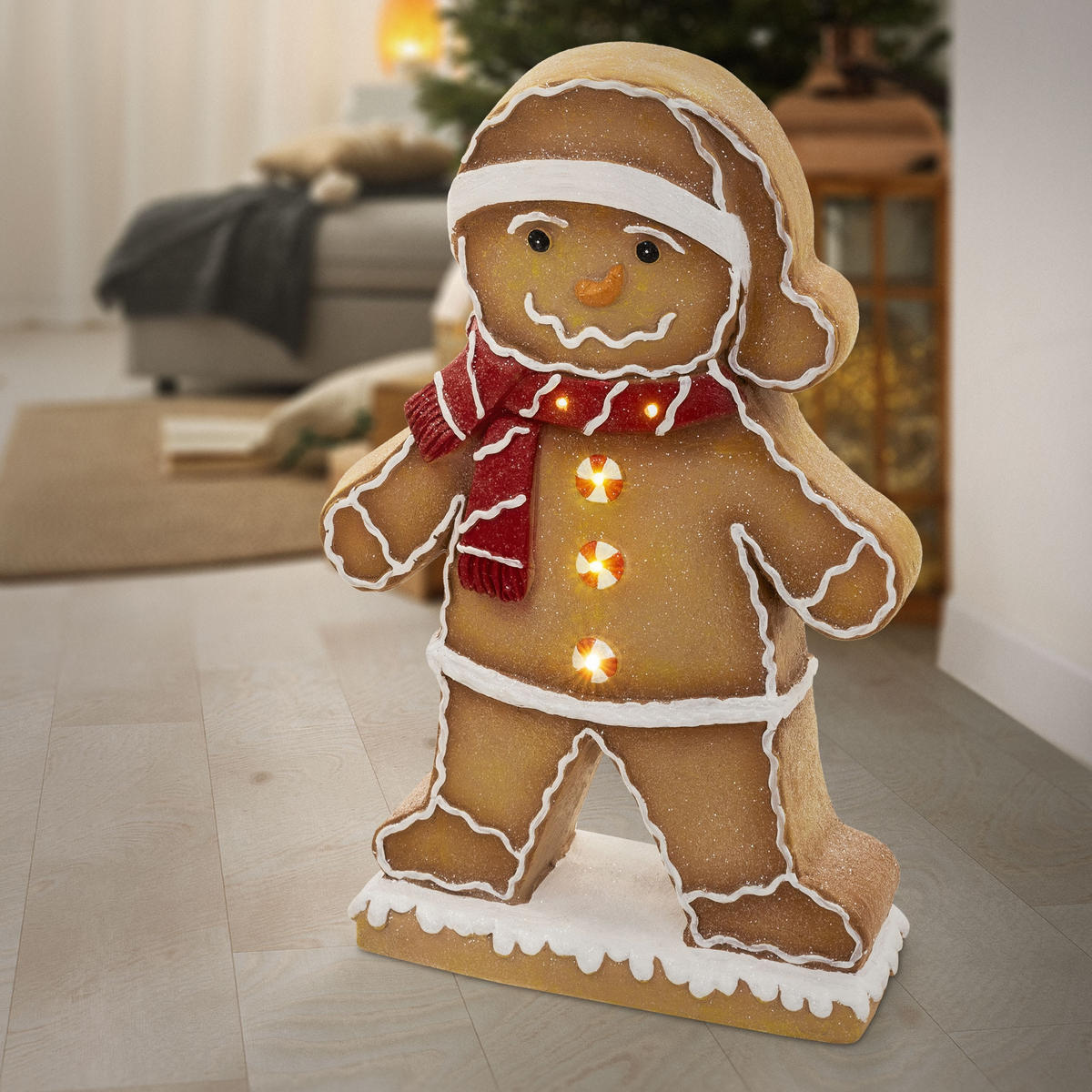 FIGURKA PERNÍKOVÉHO MUŽÍČKA s čepicí a šálou, 76 cm, vánoční dekorace do interiéru s LED osvětlením - hnědá, kámen (47/76/20cm) - ECD-Germany