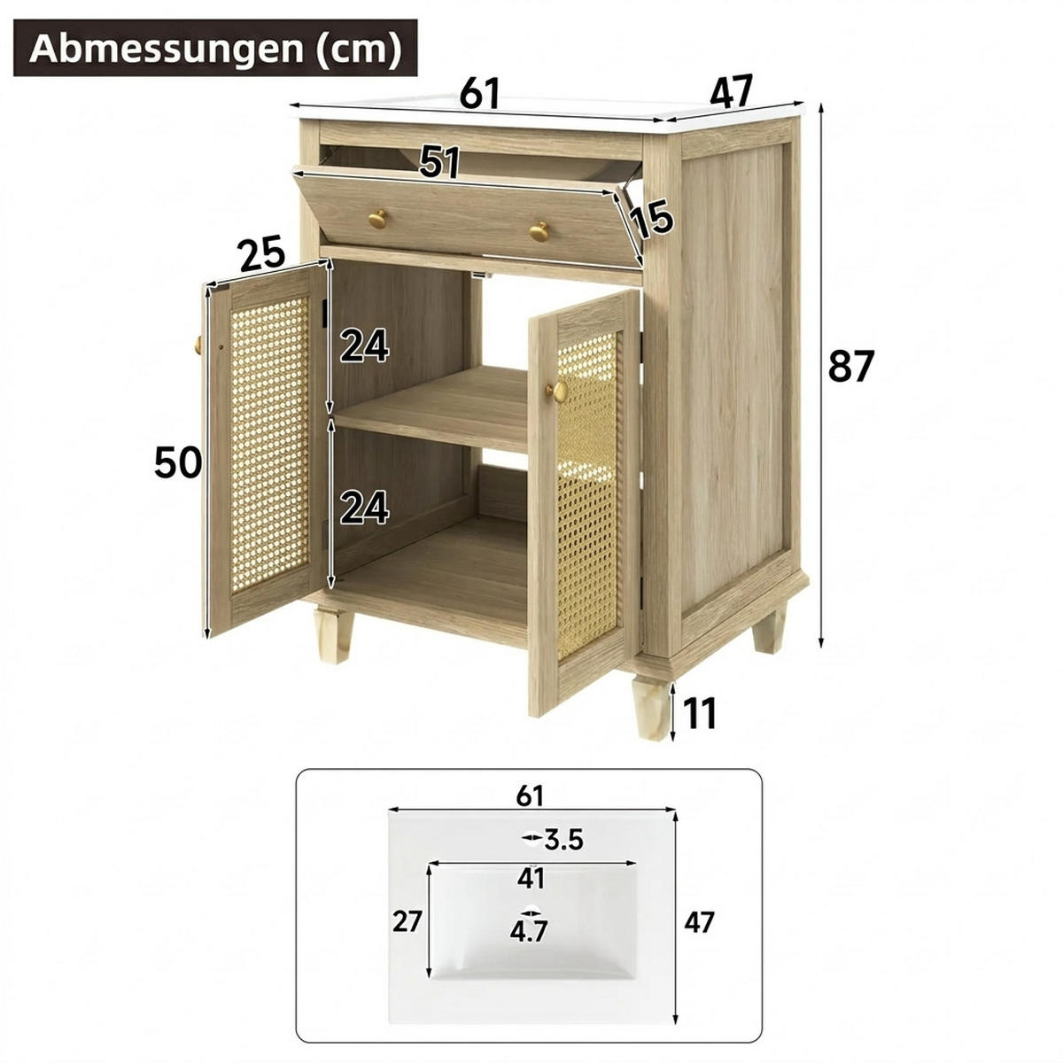 WASCHTISCHKOMBI 61/47/87 cm Naturholz mit Klappschublade und 2 Schranktüren, ohne Wasserhahn - Naturfarben, Holz/Holzwerkstoff (47/87/61cm) - Oxeza