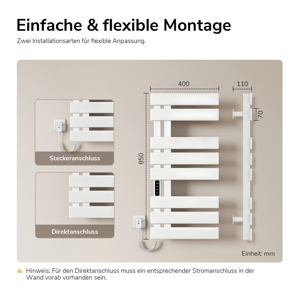 HANDTUCHHEIZKÖRPER Elektrisch mit Thermostat, App- und Sprachsteuerung Weiß 85/40 cm - Weiß, Metall (40/85/11cm) - EMKE