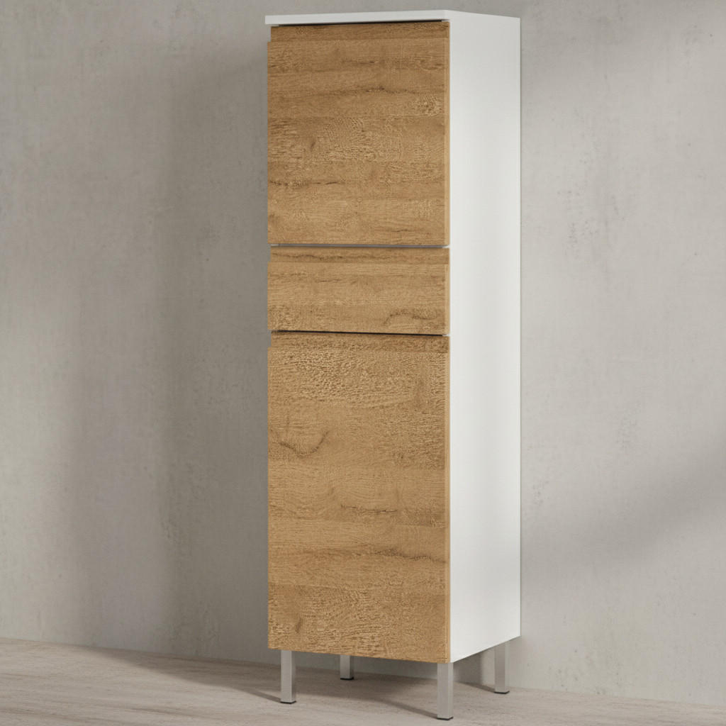 HOCHSCHRANK Weiß und Eiche Grandson 34x120x34cm mit verstellbaren Einlegeböden, griffloser Front und Chromfüßen VEER - Weiß, Holz/Metall (34/120/34cm) - KADIMA DESIGN