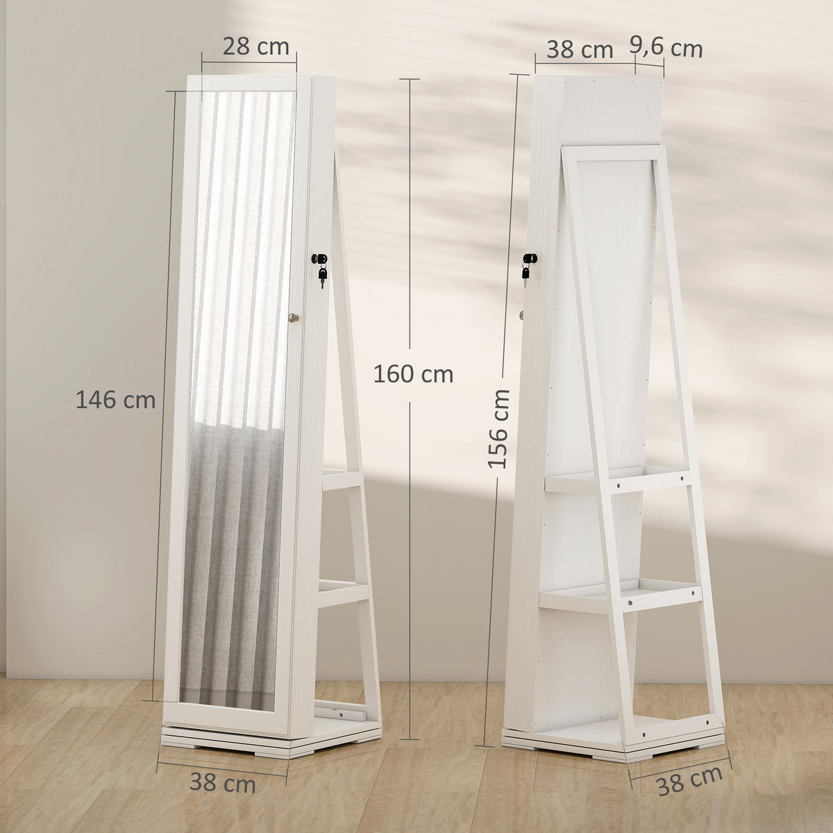 STANDSPIEGEL DE-18882 drehbar, abschließbar Weiß - Weiß, Holzwerkstoff (38/160/38cm) - ComfortXL