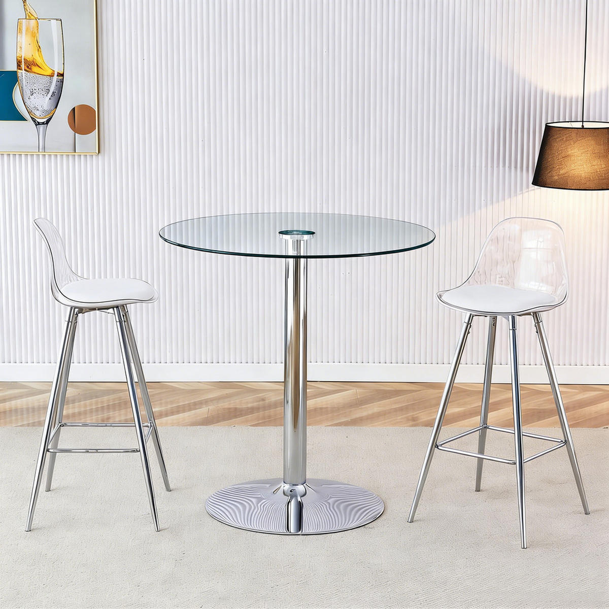 TISCHGRUPPE 3-tlg Runder Glastisch 89cm mit 2 Barhockern-Transparent und Flexibel - Transparent, Glas/Metall (41.5/33.5/72cm) - Raelunyi