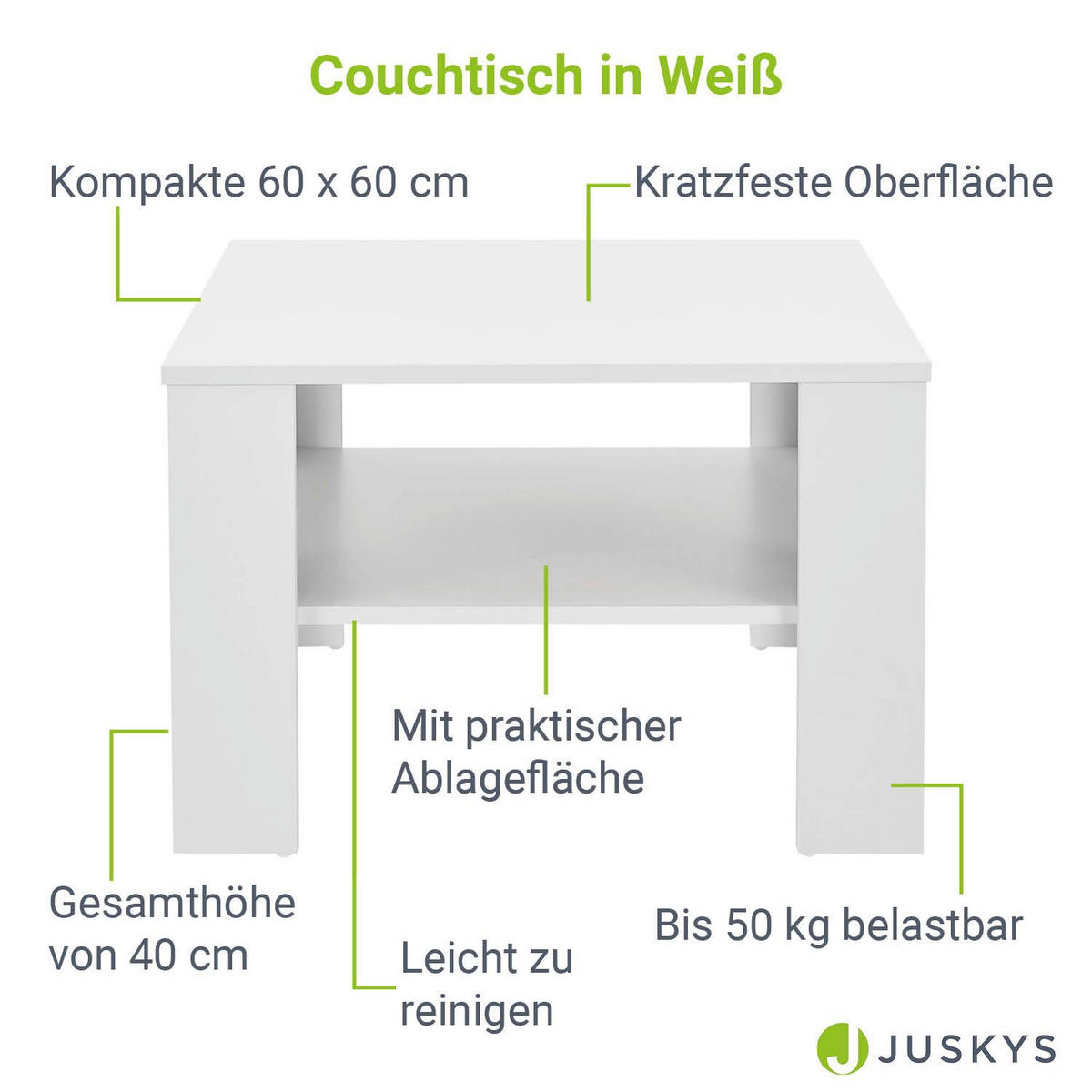 COUCHTISCH mit Ablage 60x60x40 cm weiß - Weiß, Holz (60/60/40cm) - Juskys