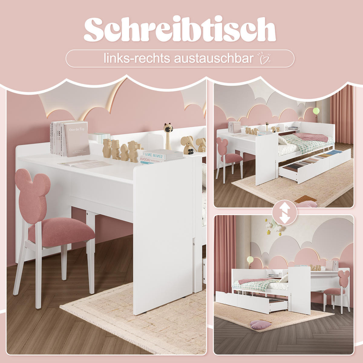 KINDERBETT 90/200 cm mit Schreibtisch, 2 Schubladen und Regalen aus Kiefern , Weiß - Weiß, Holzwerkstoff (90/200cm) - Redom