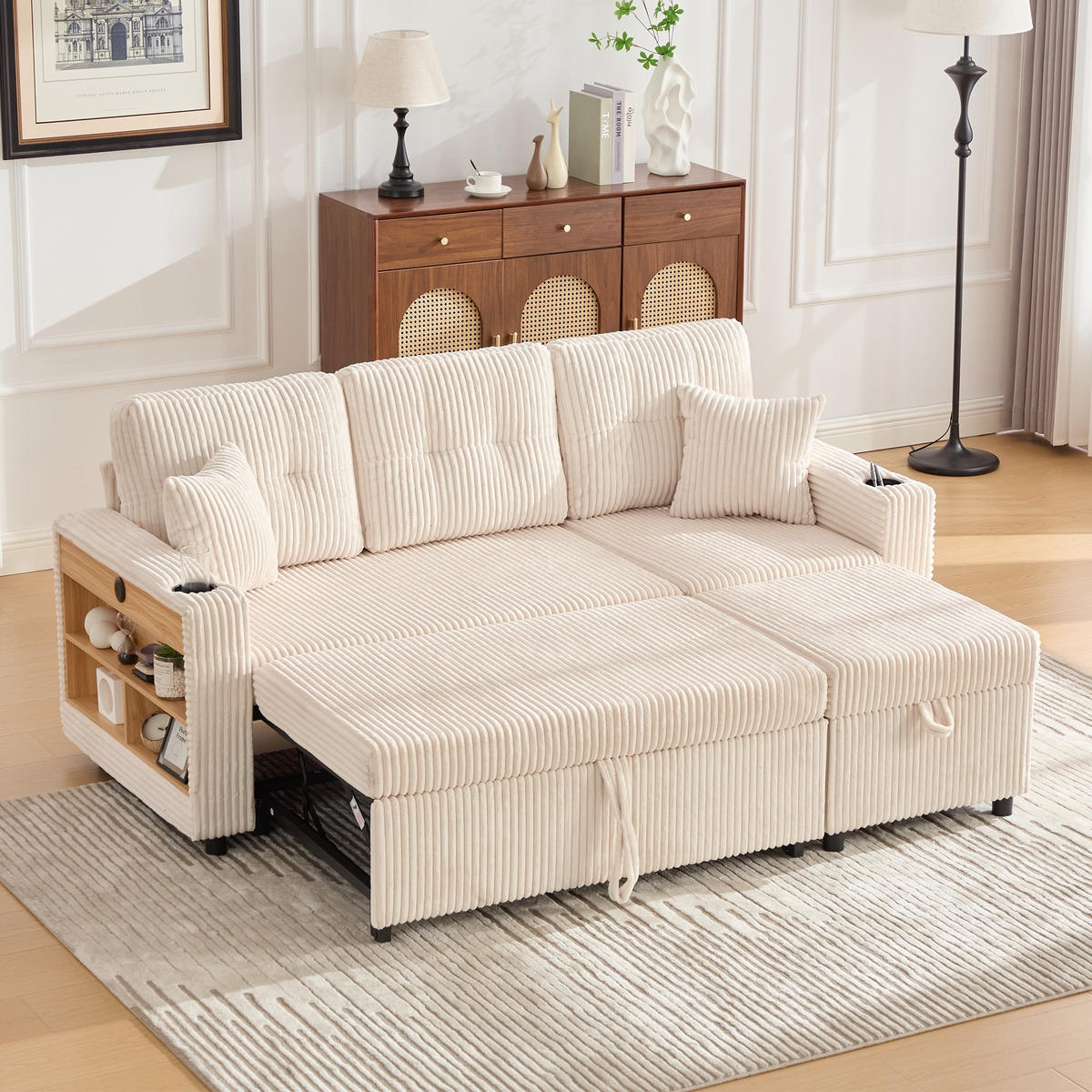 SCHLAFSOFA 3-er Sofa mit Schlaffunktion,Aufbewahrungshocker,Cord,Beige - Beige, Textil (196/85/119cm) - LVHOM