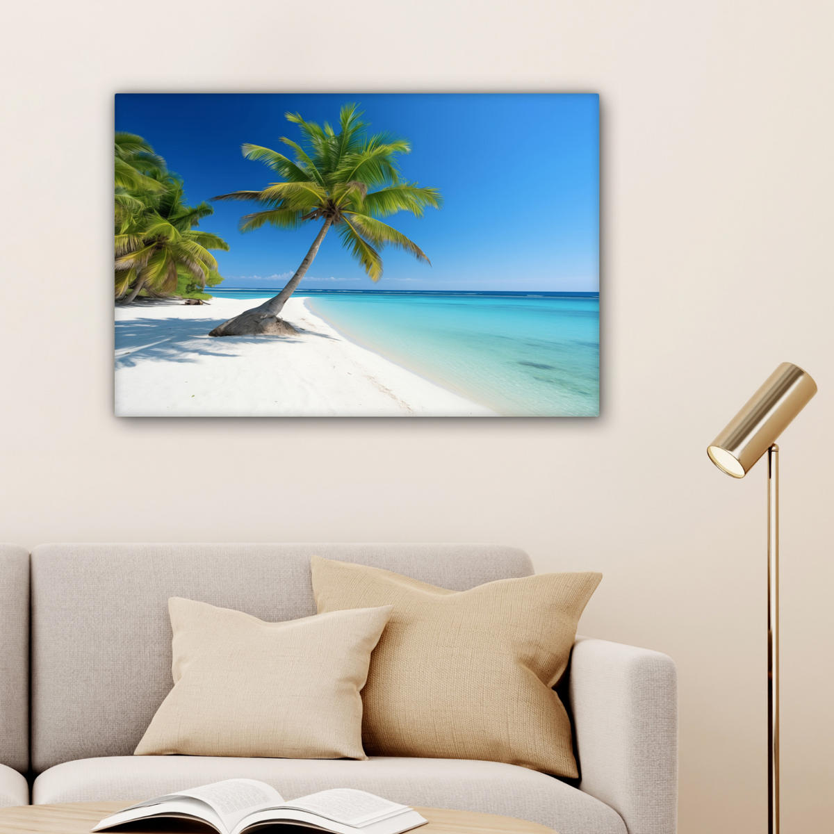 LEINWANDBILD Strand - Palme - Tropisch - Meer Gemälde 60x40 cm - Grün, Textil (60/40cm) - MuchoWow