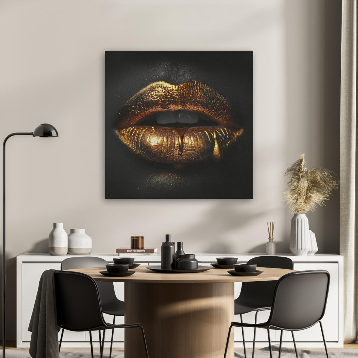 AKUSTIKBILD Frau - Porträt - Lippen - Gold - Schwarz Akustikpaneele 80x80 cm - Schwarz, Kunststoff (80/80/0.9cm) - MuchoWow