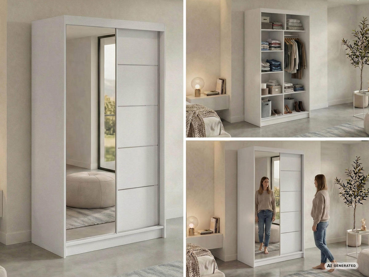 SCHWEBETÜRENSCHRANK 120 - SKORIA - Weiß mit Spiegel - Alufarben/Weiß, Holzwerkstoff/Metall (120/216/61cm) - MKS