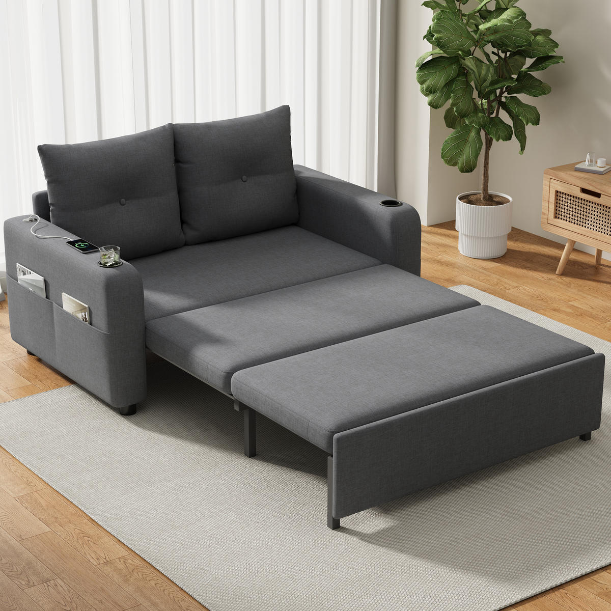 SCHLAFSOFA 3-in-1 Baumwoll-Leinen ausziehbar mit USB-Anschluss und Becherhalter Grau 131/81/94 cm - Grau, Textil (81/94/131cm) - Redom