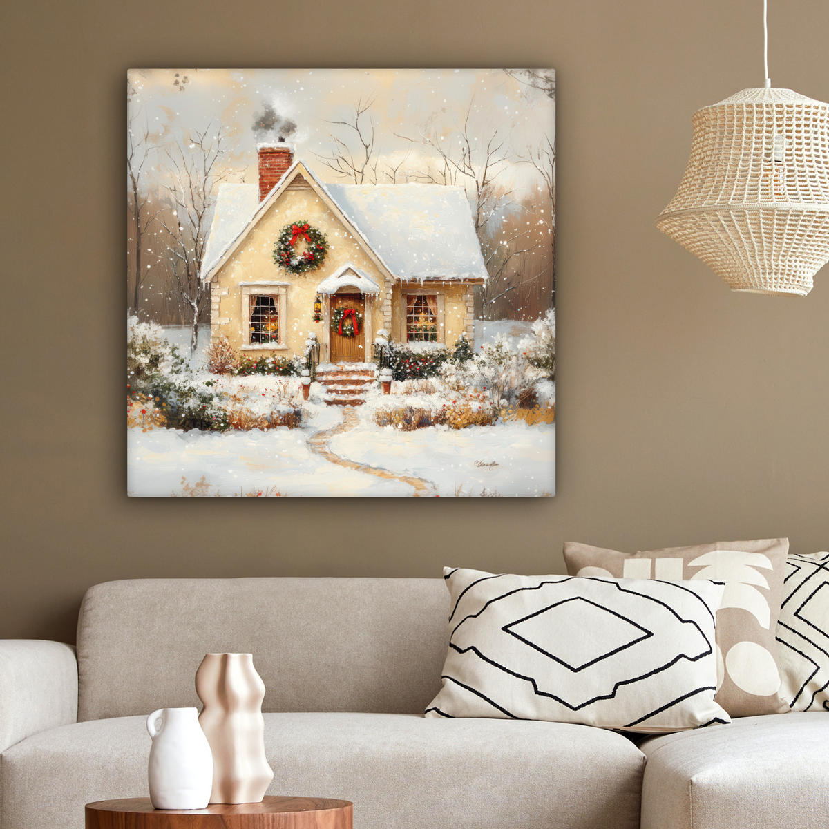 LEINWANDBILD Weihnachten - Zuhause - Winter - Schnee 90x90 cm - Creme, Textil (90/90cm) - MuchoWow