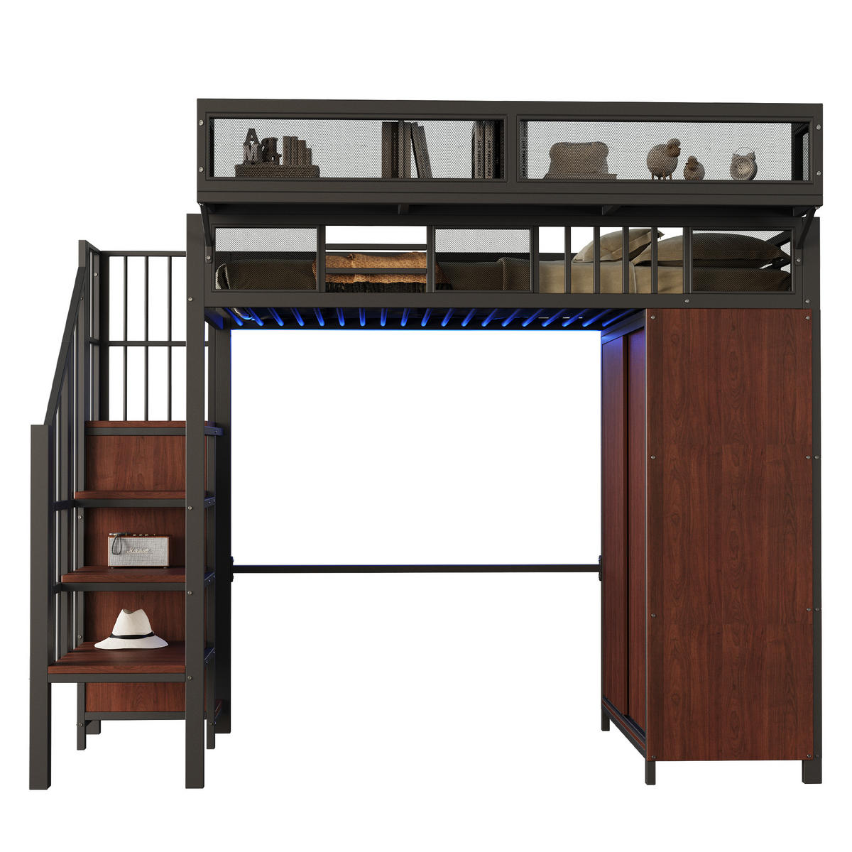 HOCHBETT 90/200 cm Schwarz mit Kleiderschrank mit LED-Beleuchtung aus Metall und Holz - Schwarz, Metall (90/200cm) - OKWISH