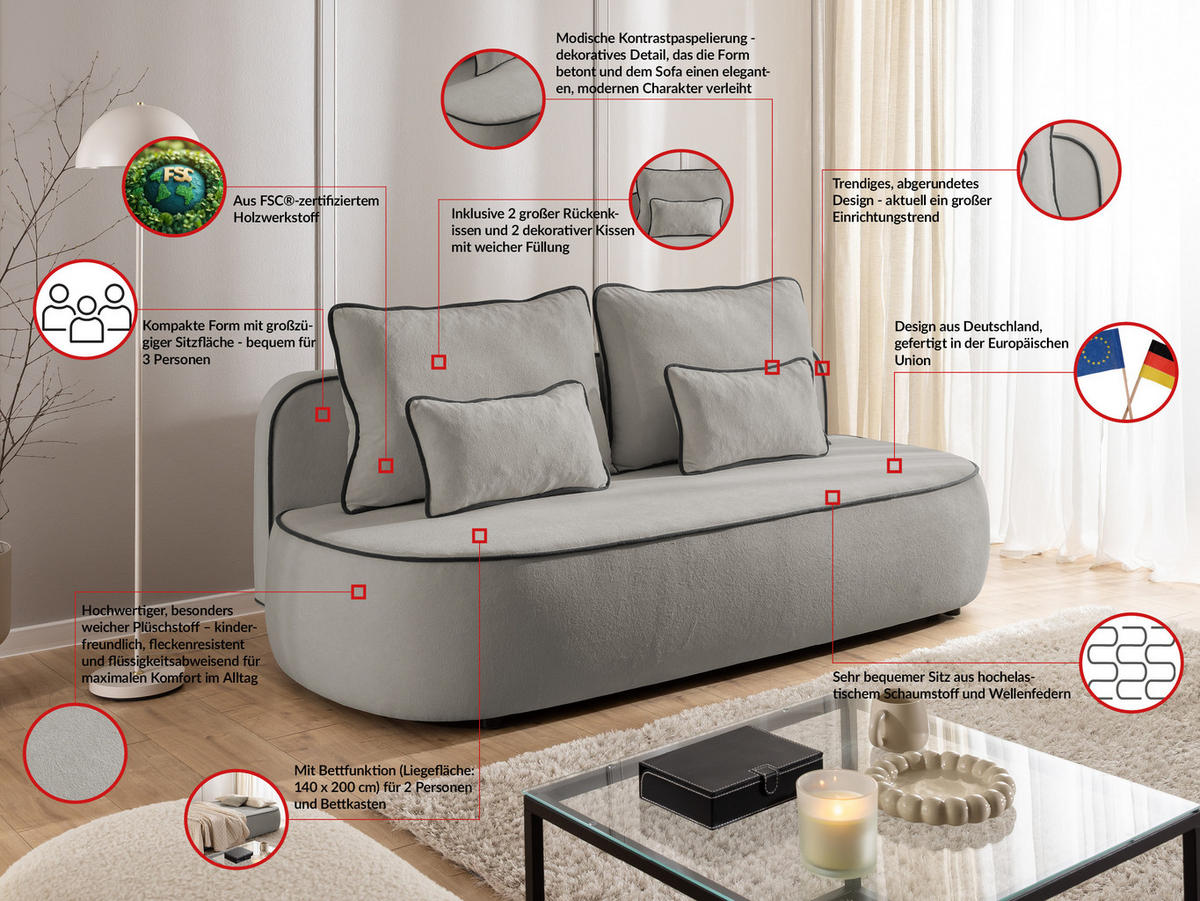 KINDERSOFA Vero im modernen und abgerundeten Design mit Schlaffunktion und Bettkasten aus Grau Plüschstoff mit schwarzer Paspel - Schwarz/Grau, Holz/Kunststoff (210/90/98cm) - S-Style Möbel