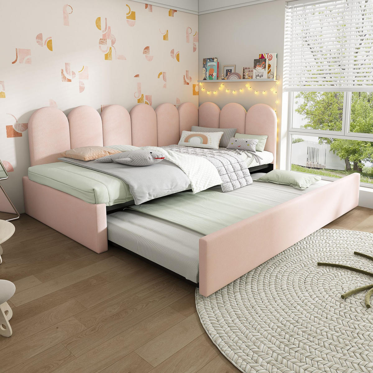 KINDERBETT 90x200 cm mit Ausziehbett，Rosa（ohne Matratze） - Pink, Textil/Metall (90/200cm) - KOMHTOM