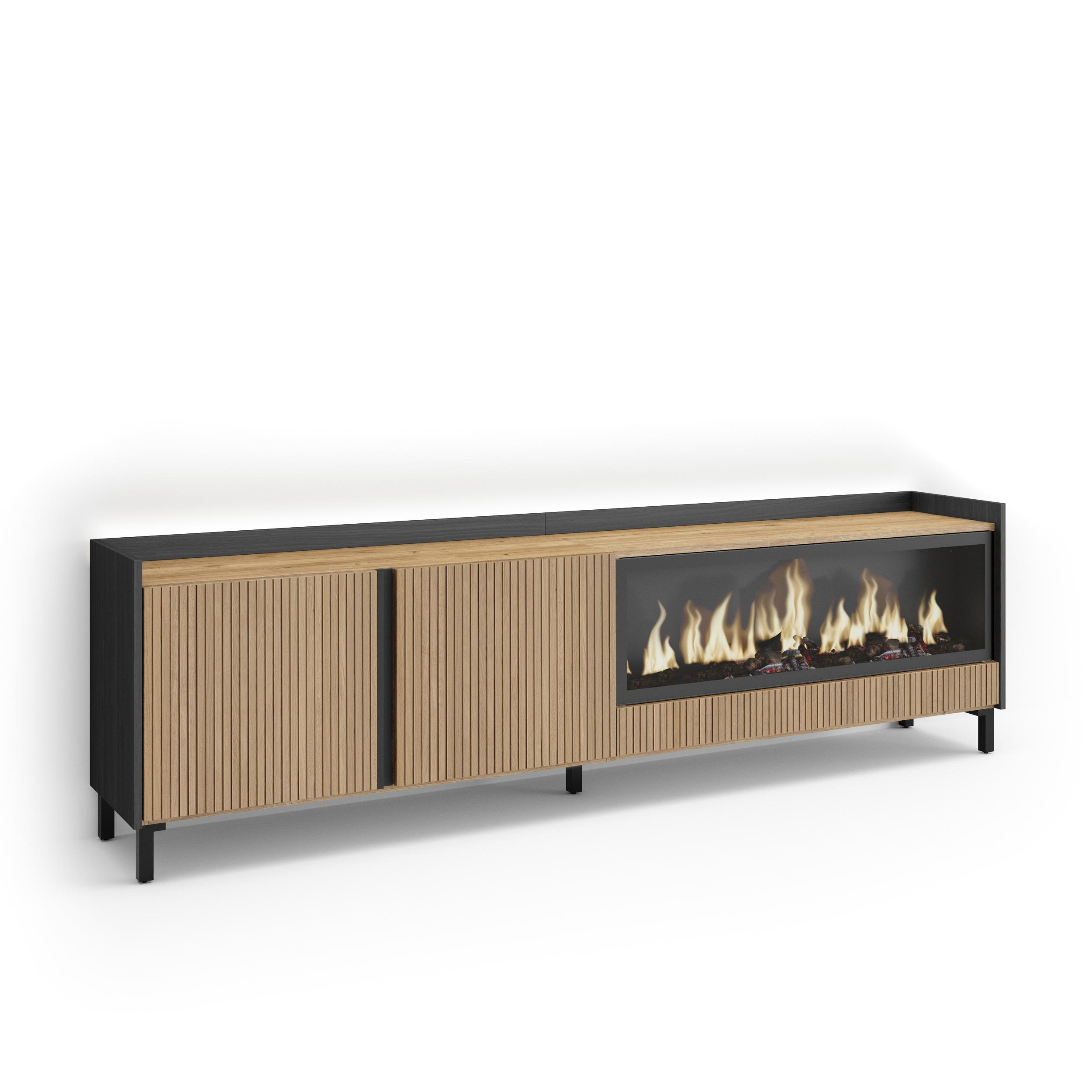 LOWBOARD, Eiche und Schwarz, 212/35/61cm, Elektrokamin XXL, Industriedesign, Led - Eichefarben, Holzwerkstoff (212/61/35cm) - Skraut Home