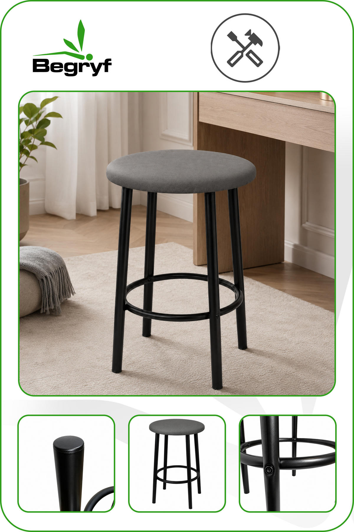 BARHOCKER 2er Set Kunstleder Metall Grau schwarz rund 35x35x48 cm - Schwarz/Grau, Metall (35/48/35cm) - Begryf