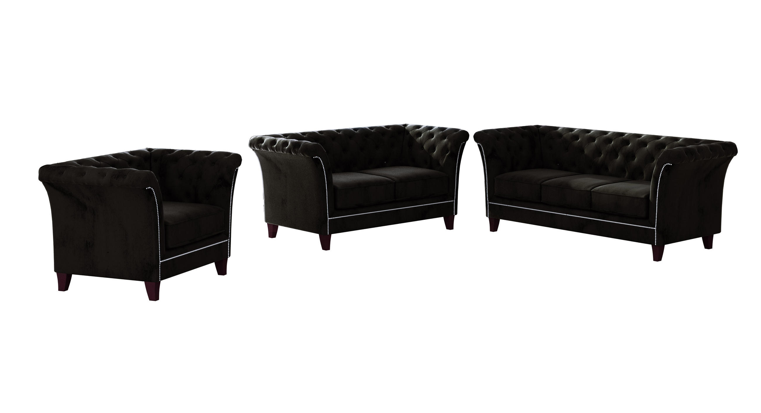 SITZGARNITUR 3+2+1 Chesterfield Fusion Schwarz Samt - Schwarz/Braun, Holz/Textil (237/75/82cm) - S-Style Möbel