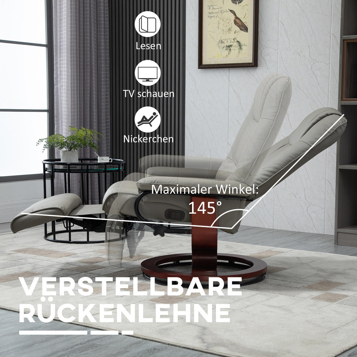 FERNSEHSESSEL Relaxsessel Liegesessel Kunstleder 360° Drehstuhl Holzfuß neigbar - Braun/Grau, Holz/Kunststoff (87/100/78cm) - HOMCOM
