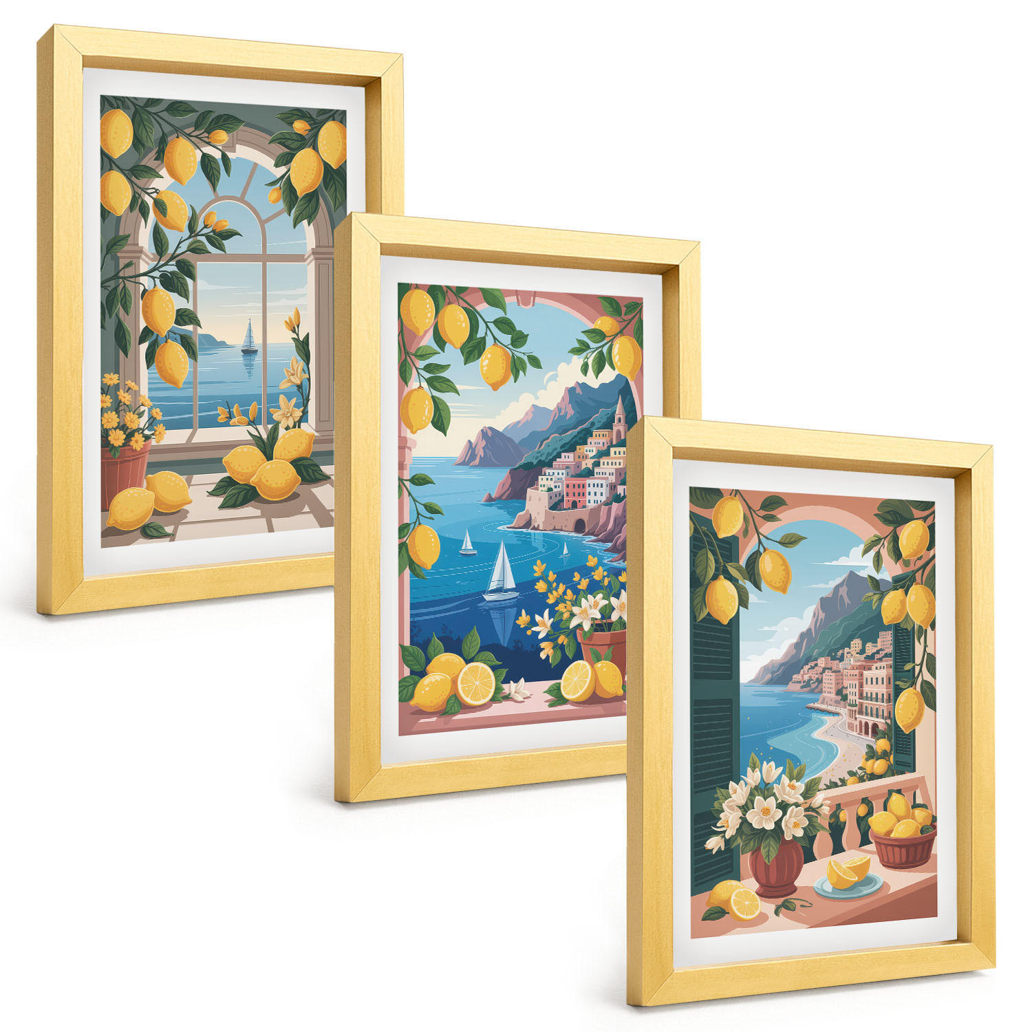 BILDER SET 3er Set - 20x30 cm Goldrahmen - Meerblick, italienische Zitronen - Goldfarben, Kunststoff (20/30cm) - TULUP