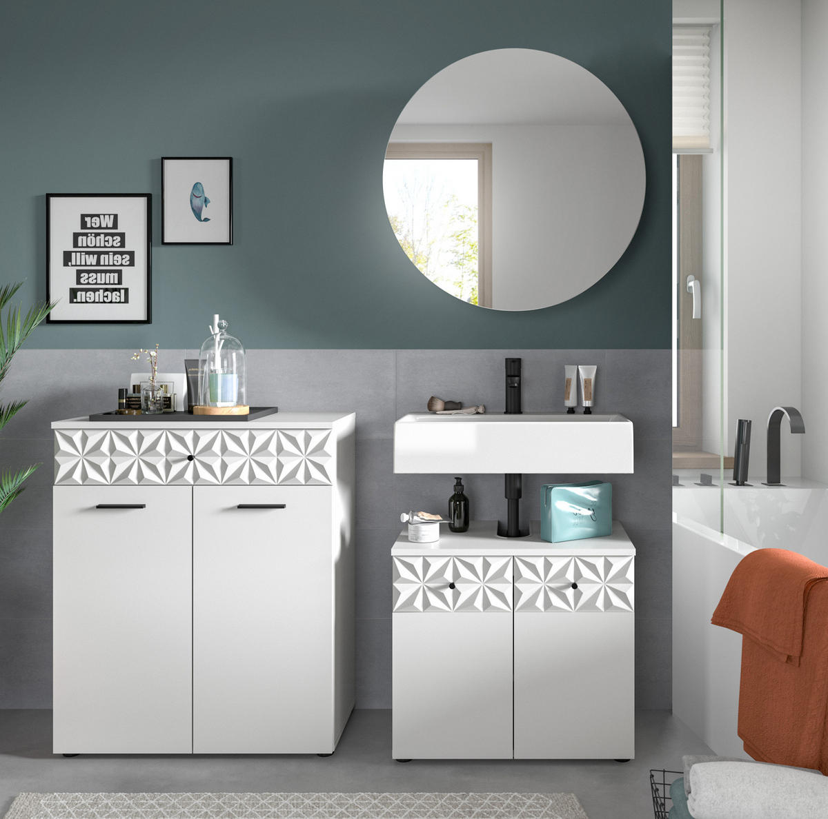 BADMÖBEL-SET weiß Hochglanz 3-teilig 155 cm, Komplettset mit 3D-Struktur - Weiß Hochglanz, Glas/Holzwerkstoff (155/187/37cm) - Inn.Furn