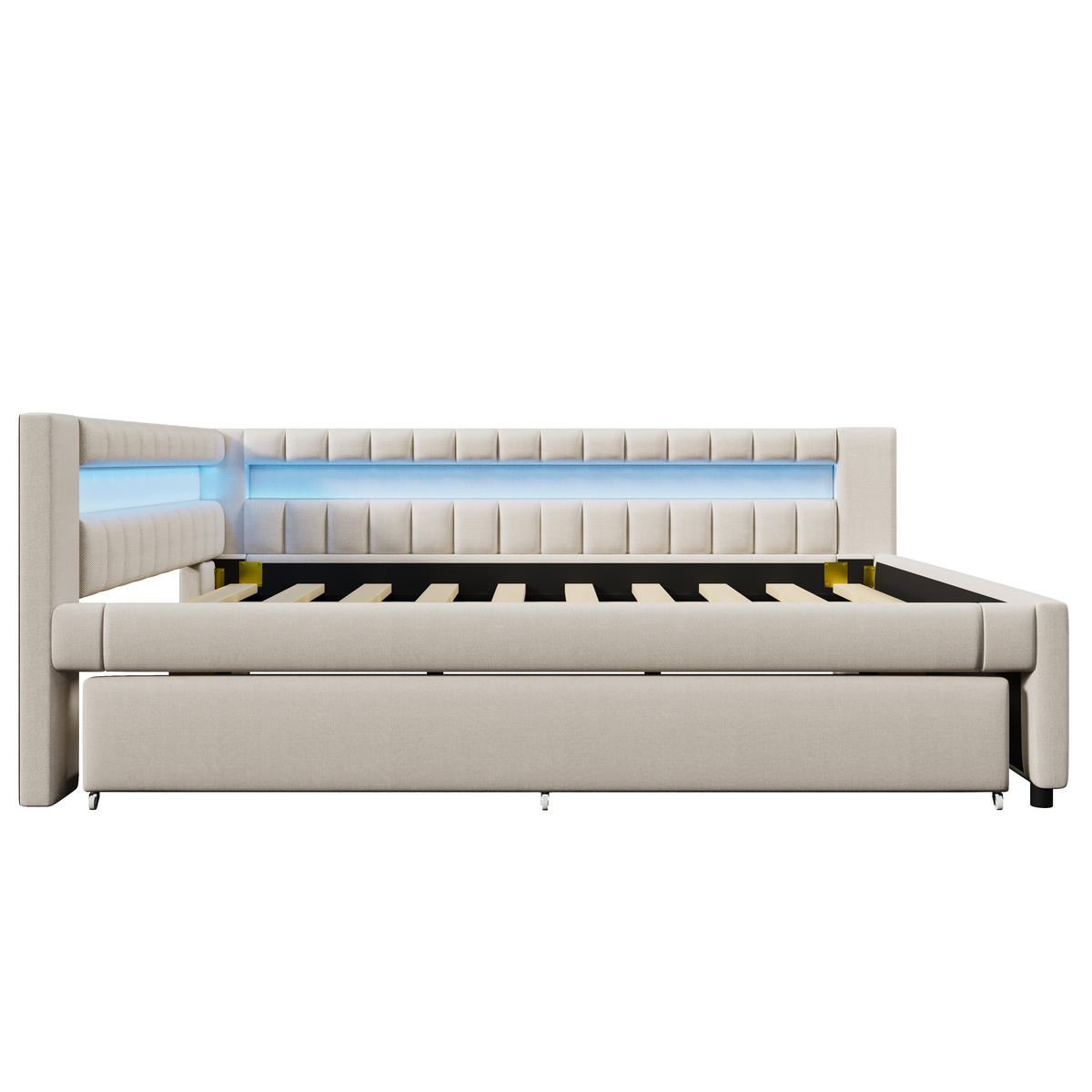 POLSTERBETT 140/200 cm Beige mit Ausziehbett mit LED-Beleuchtung mit USB- und Type-C-Anschlüssen - Beige, Textil (140/200cm) - OKWISH