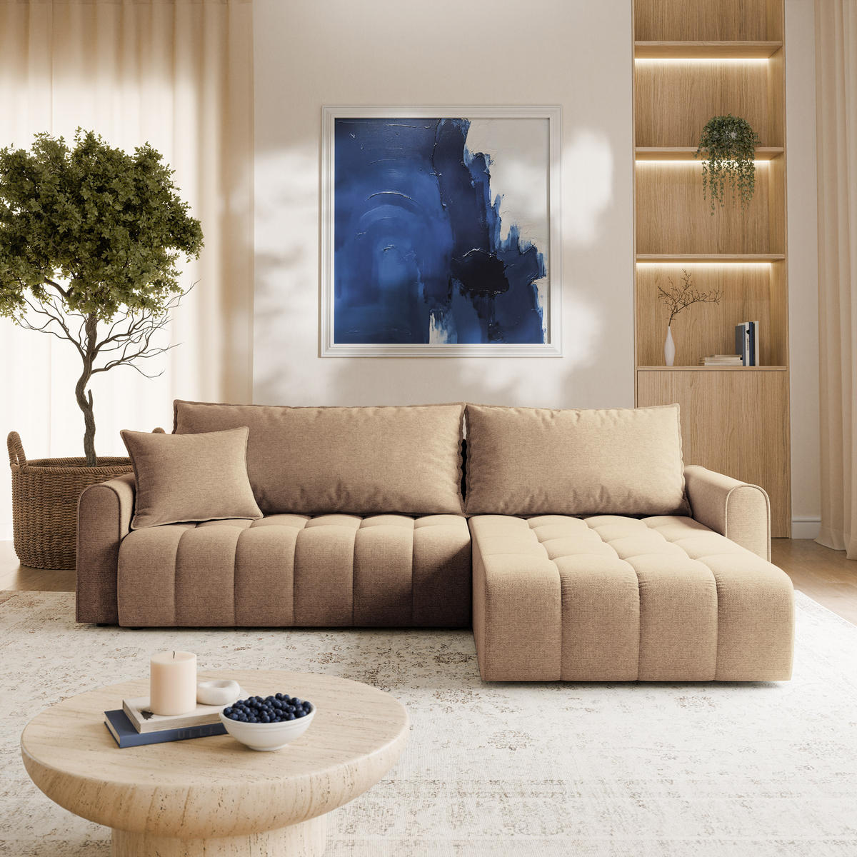 ECKSOFA FRIGA Beige Strukturstoff mit Schlaffunktion - Beige, Holz (283/185cm) - MASSENO