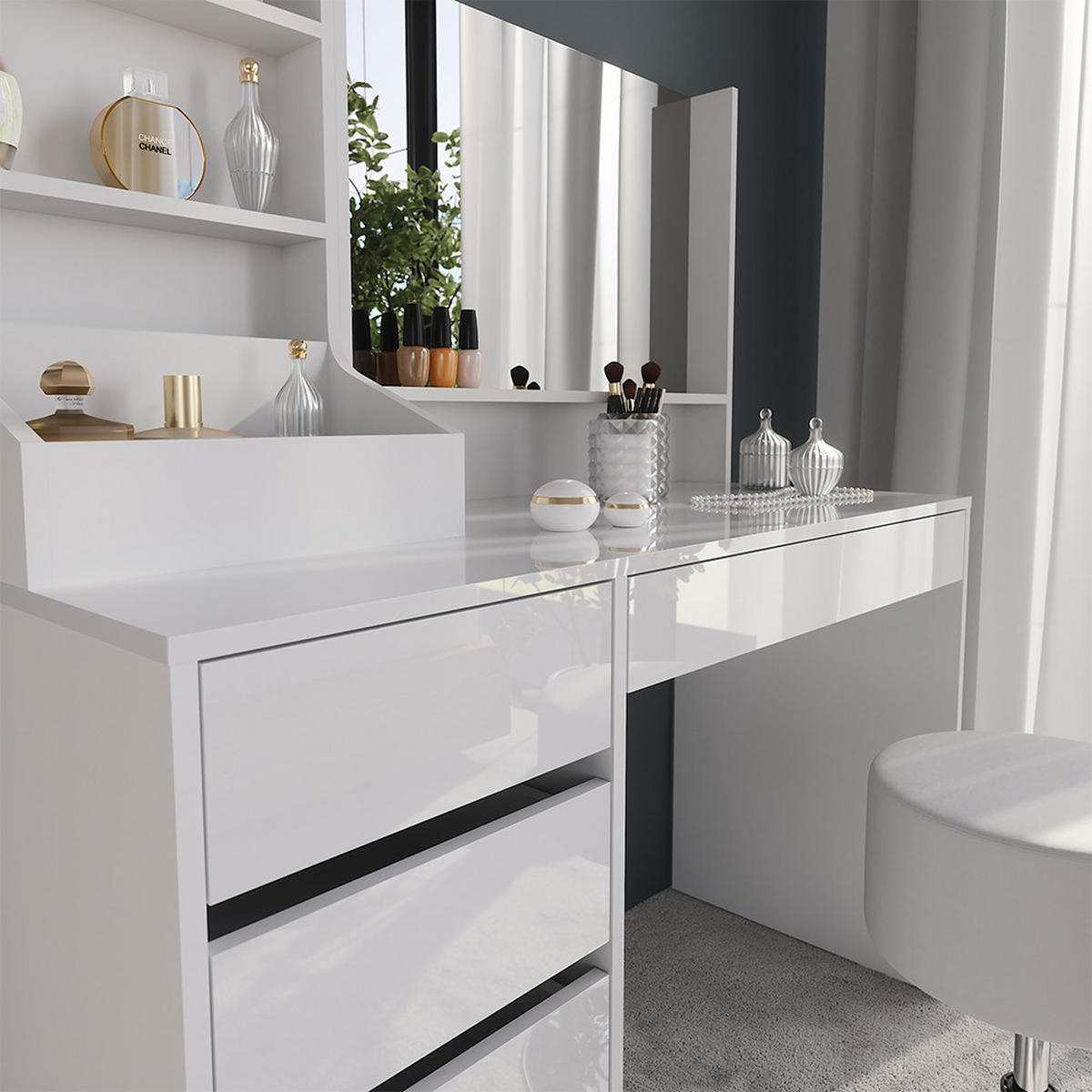 SCHMINKTISCH Sherry Weiß/Weiß Hochglanz 119.8 cm 4 Teile - Weiß Hochglanz, Holzwerkstoff (119.8/76/50.1cm) - Vicco