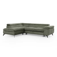 ECKSOFA mit Schlaffunktion und Bettkasten Bonnie aus Olive Cord-Stoff mit verstellbaren Kopfstützen und Armlehne - Ottomane links - Schwarz/Hellgrün, Holz/Textil (275/210cm) - S-Style Möbel