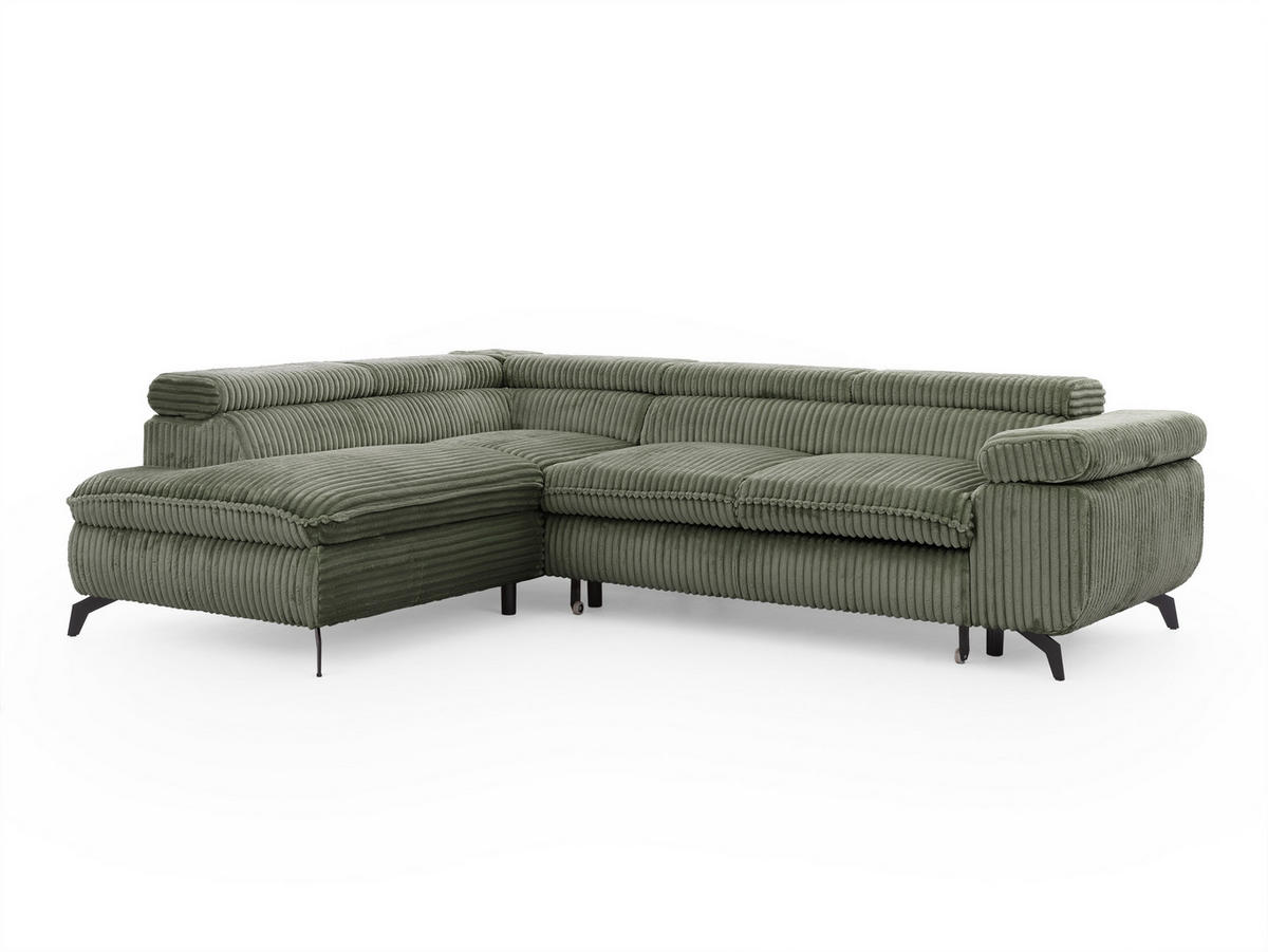 ECKSOFA mit Schlaffunktion und Bettkasten Bonnie aus Olive Cord-Stoff mit verstellbaren Kopfstützen und Armlehne - Ottomane links - Schwarz/Hellgrün, Holz/Textil (275/210cm) - S-Style Möbel