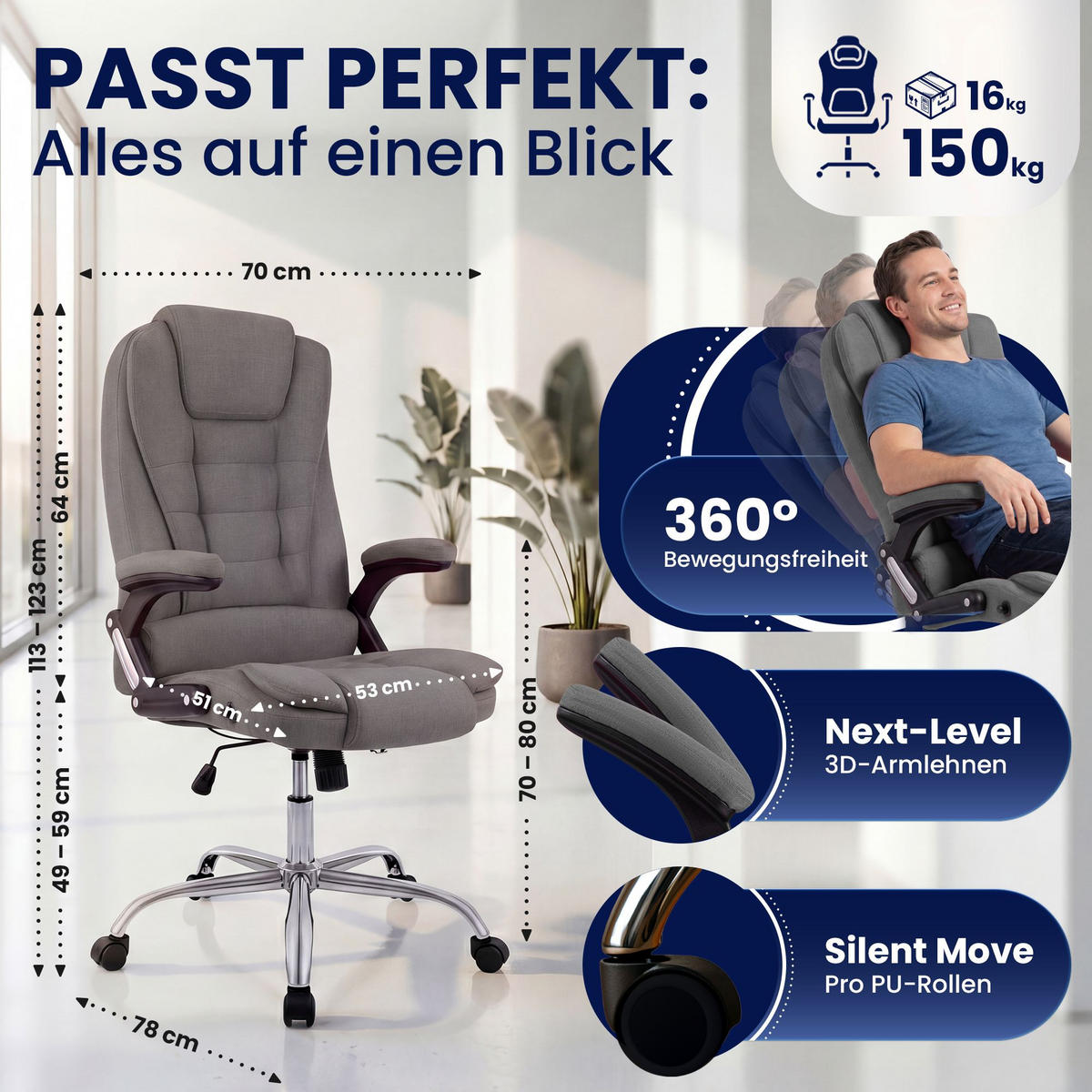 CHEFSESSEL Stoff Grau - Chromfarben/Grau, Textil/Metall (69.5/113/78cm) - CLP