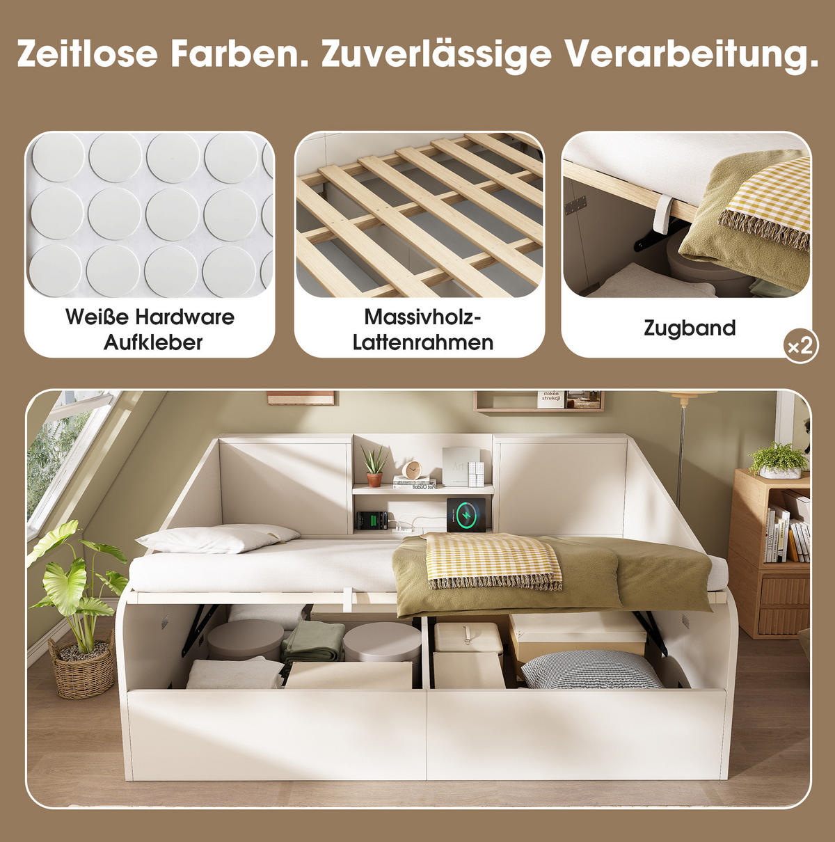 POLSTERBETT 140/190 cm mit Hydraulik-Stauraum, USB- und Type-C-Ladestation, Ablagefächern, Weiß - Weiß, Textil (140/190cm) - Redom