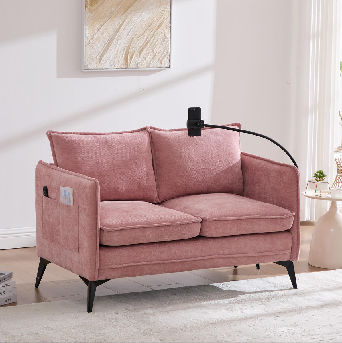 2-SITZER Sofa Chenille mit Handyhalter und Seitentaschen 127/69/66 cm Rosa - Rosa, Textil (66/127/69cm) - Redom