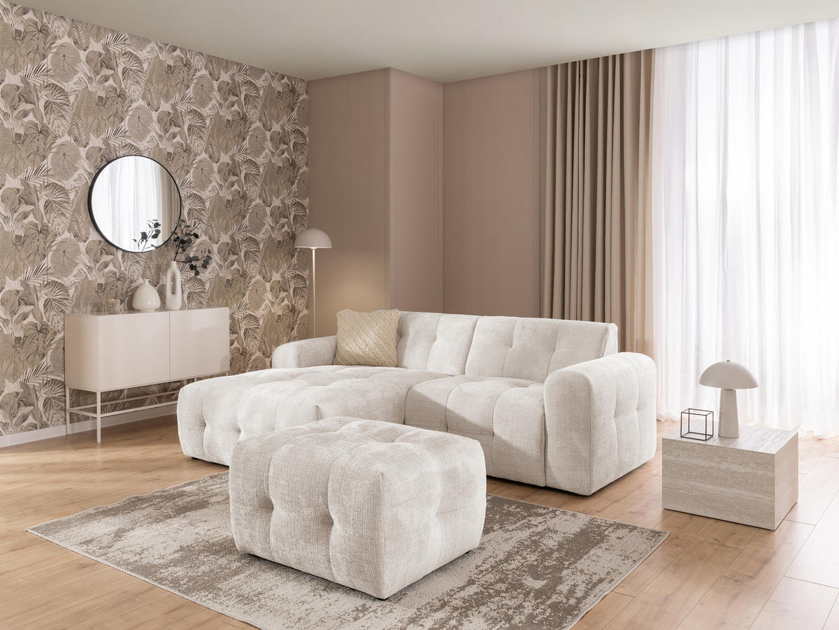 ECKSOFA inkl. Hocker Kozy im Bumpy-Design mit Schlaffunktion und fester Rückenlehne aus weichem Beige Chenille-Stoff - Ottomane links - Beige/Creme, Holz/Kunststoff (161/234cm) - S-Style Möbel