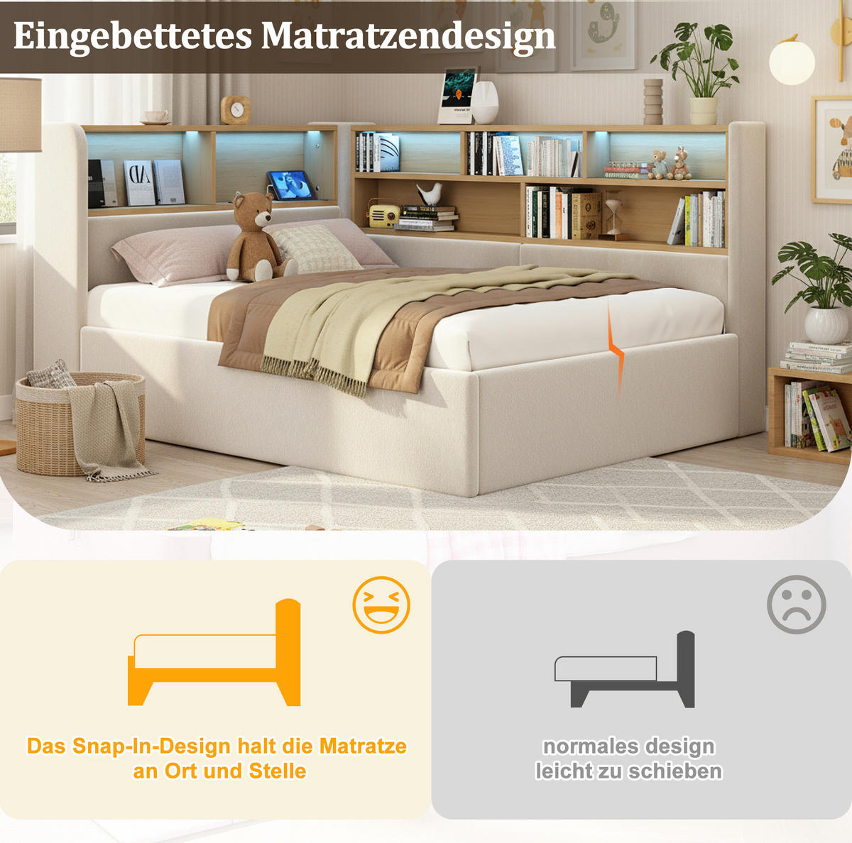 DENNÁ posteľ 90/200 cm béžová zo zamatu s hydraulickým úložným priestorom, LED osvetlením a USB nabíjaním - béžová, textil (90/200cm) - OKWISH