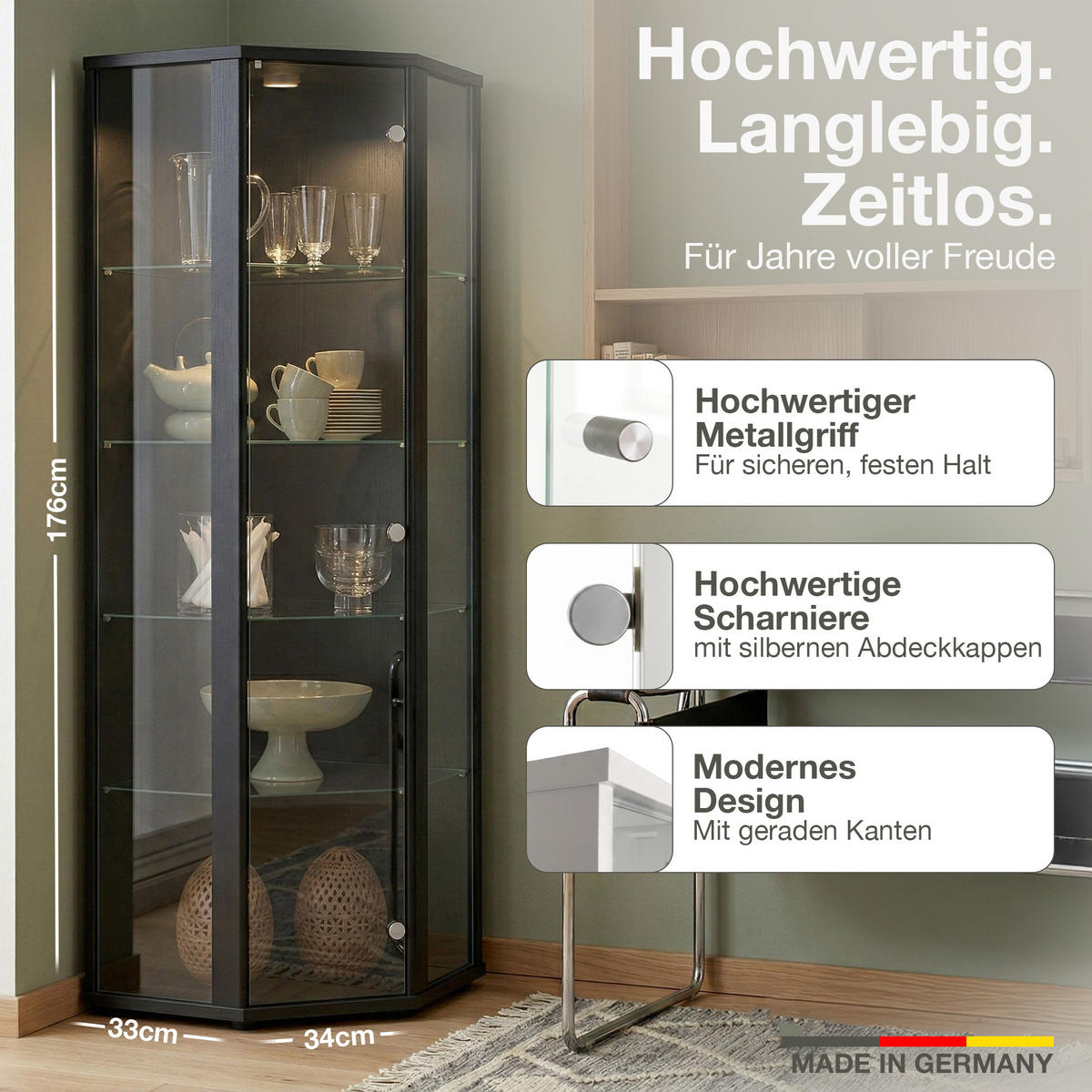 ECKVITRINE 56,5/56,5/176 cm mit LED - Transparent/Silberfarben, Glas/Holzwerkstoff (56.5/176/56.5cm) - K-Möbel
