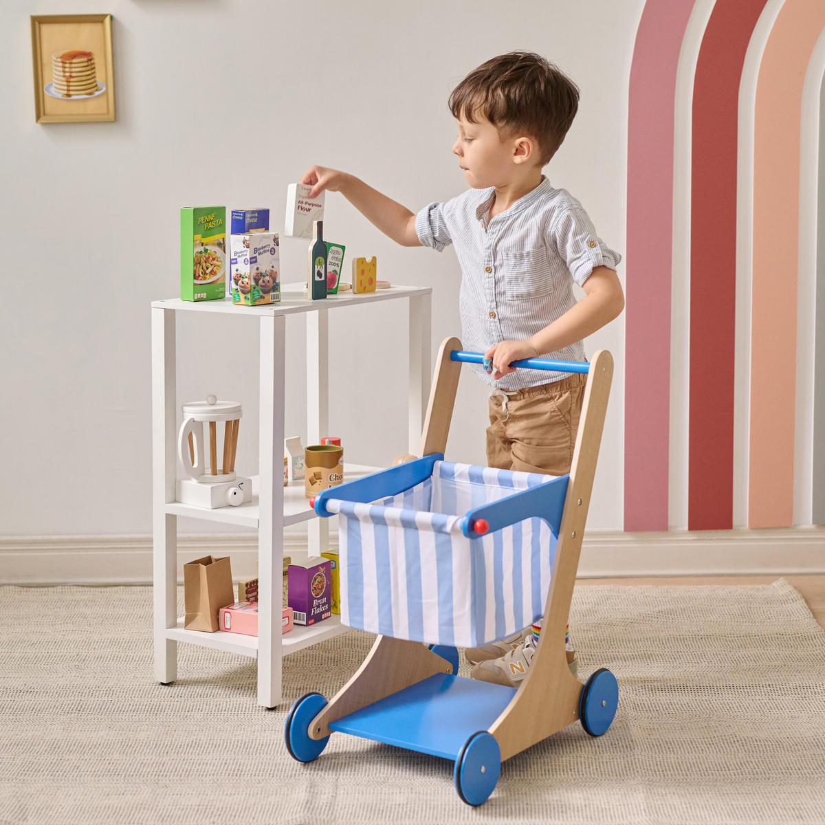 HOLZ Einkaufswagen, Blau, 60cm - Blau, Holzwerkstoff (32/60/45cm) - Teamson Kids