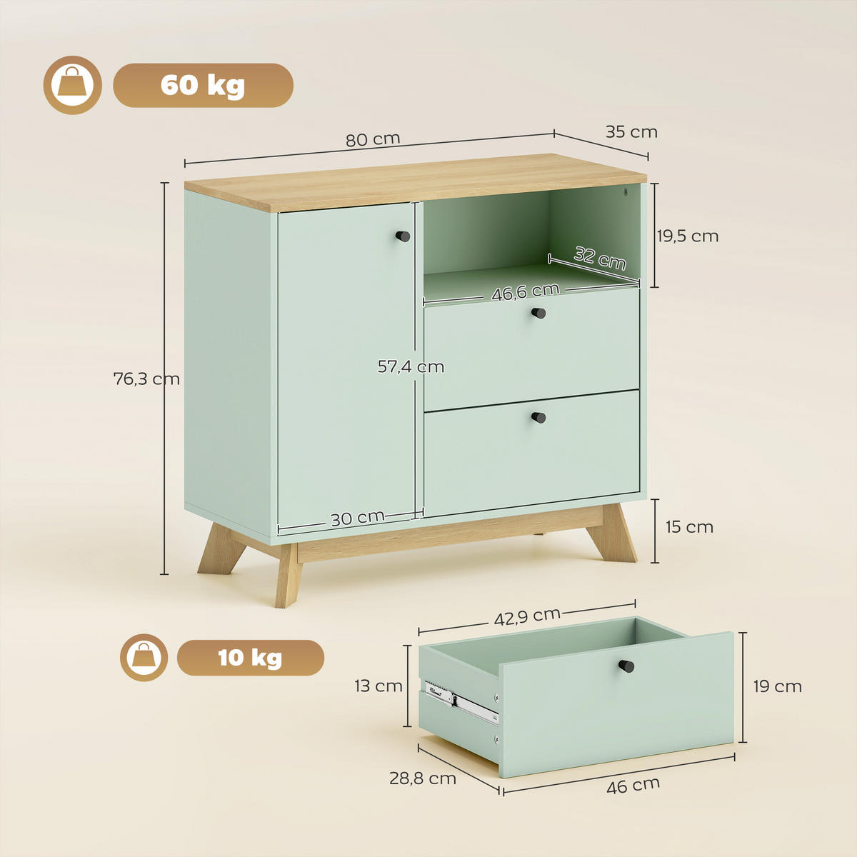 SIDEBOARD Hellgrün und Eiche-Nachbildung, 1 Tür, 2 Schubladen, 80/35/76,3 cm - Hellgrün, Holz (80/76.3/35cm) - PANGIVO